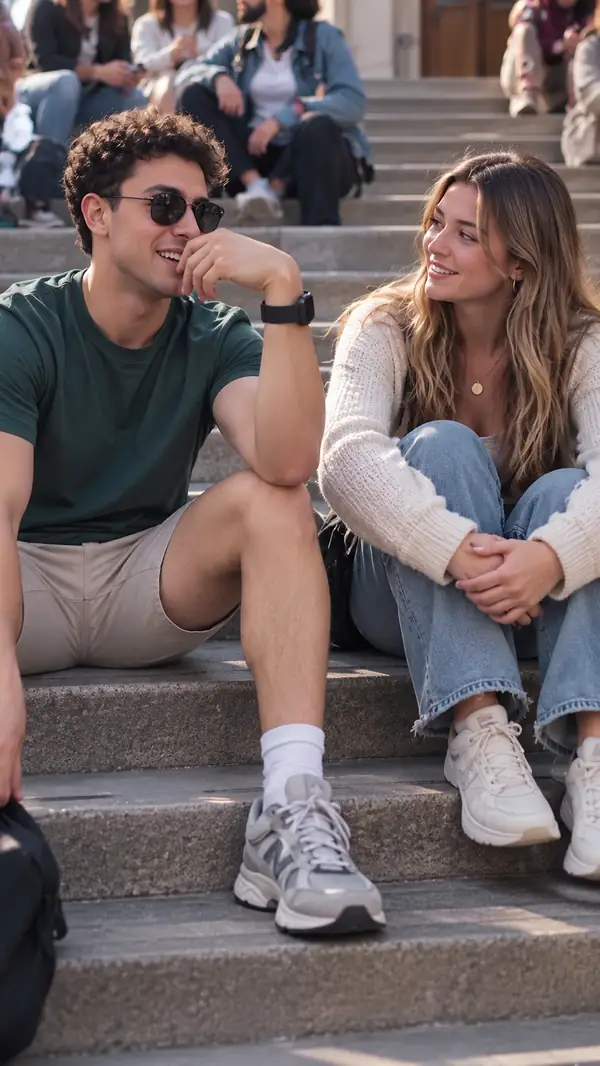 Two people talking on outdoor steps, portrait video still